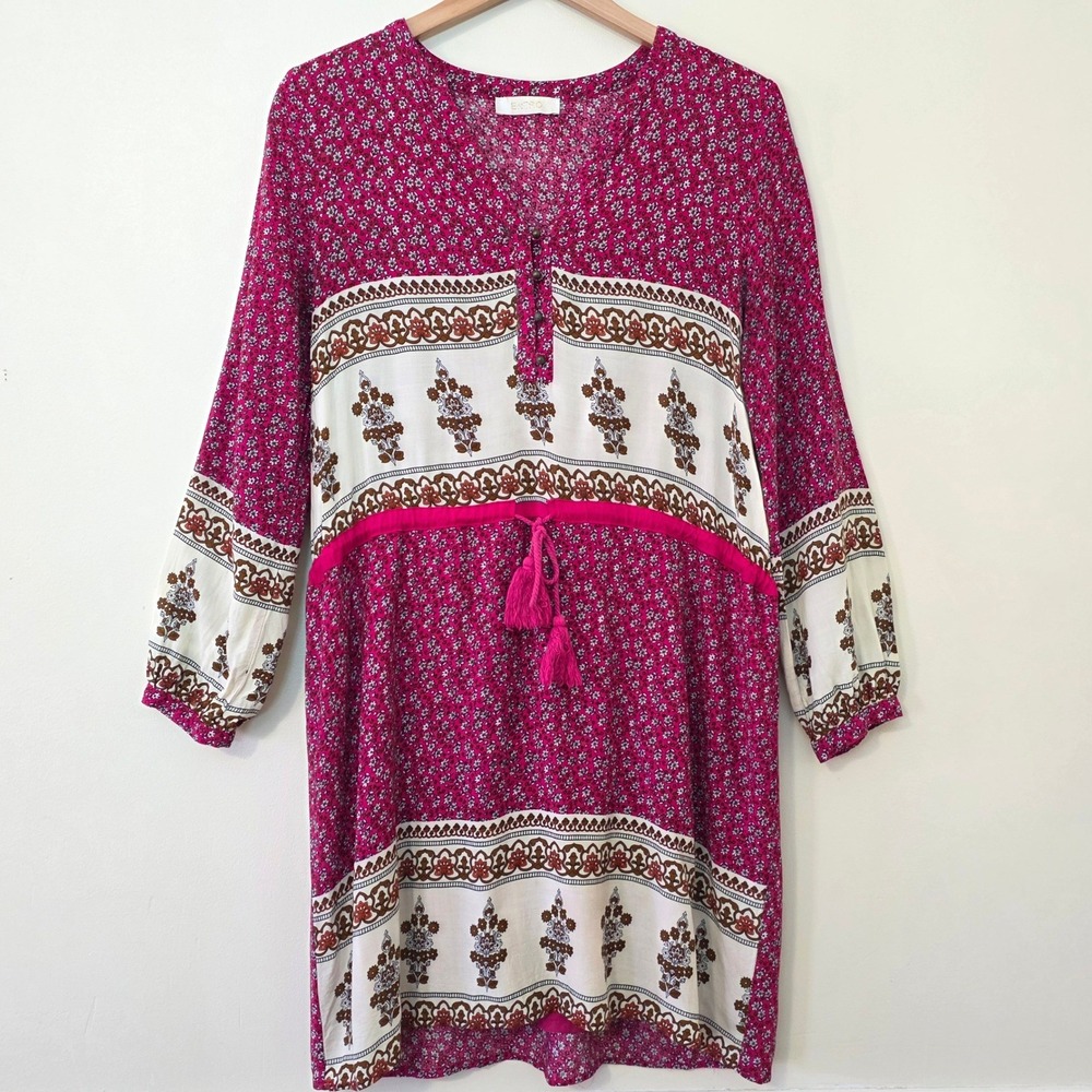 Entro Paisley Puff Sleeve Midi Dress Sz L Floral Beachy Boho Drawstring Hippie